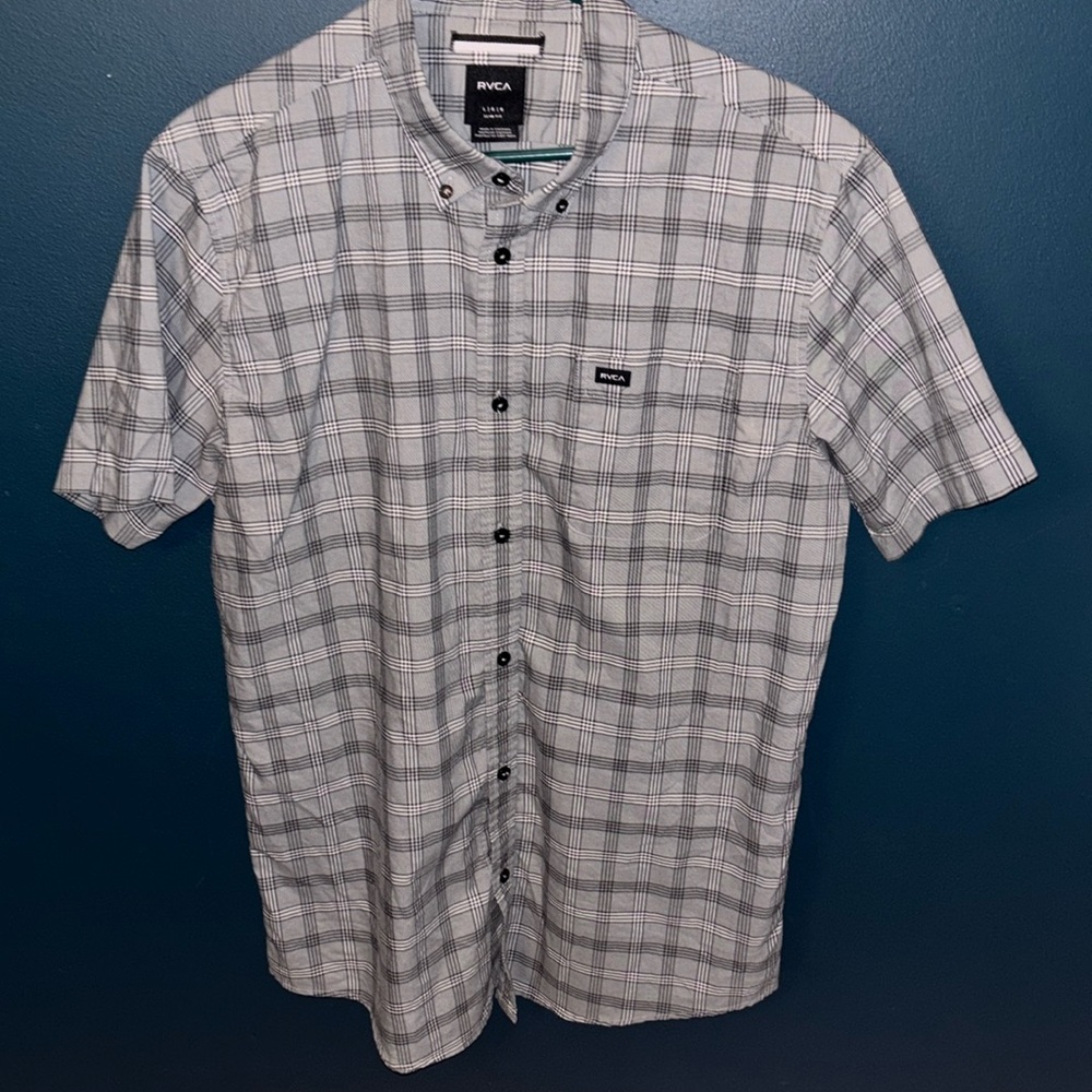 RVCA Men’s Grey Plaid Short Sleeve Button Down Shirt Size Large